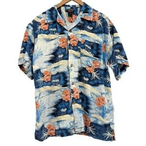 Washers Resort Silk Mens Large Blue Tropical Hibiscus Palm Tree Shirt Resort